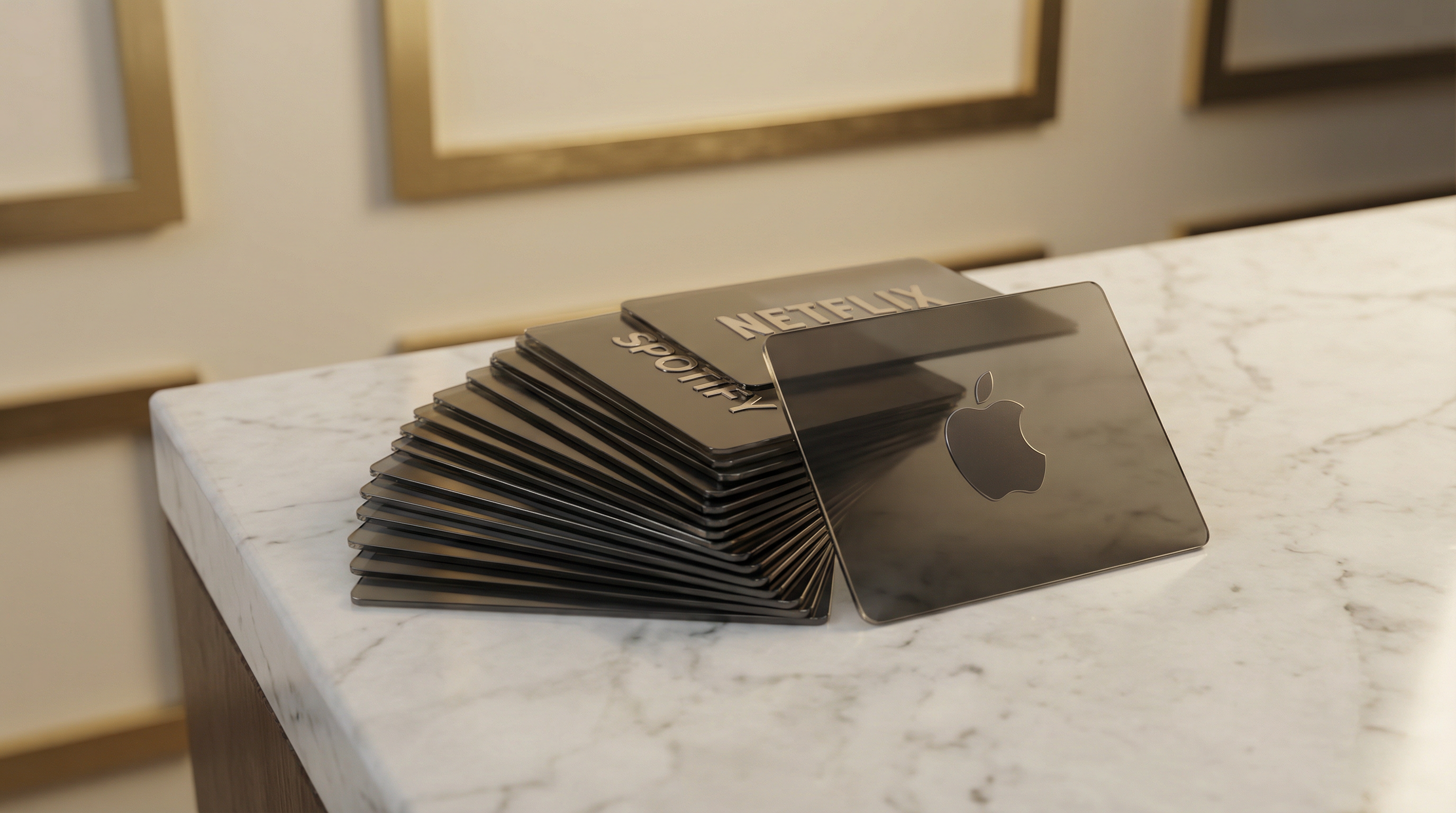 Premium gift cards displayed on marble surface